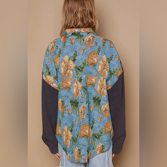 447. POL LAST 1! Shacket Shirt tapestry Oversized Blue Jacquard Floral tapestry - Picture 3 of 5